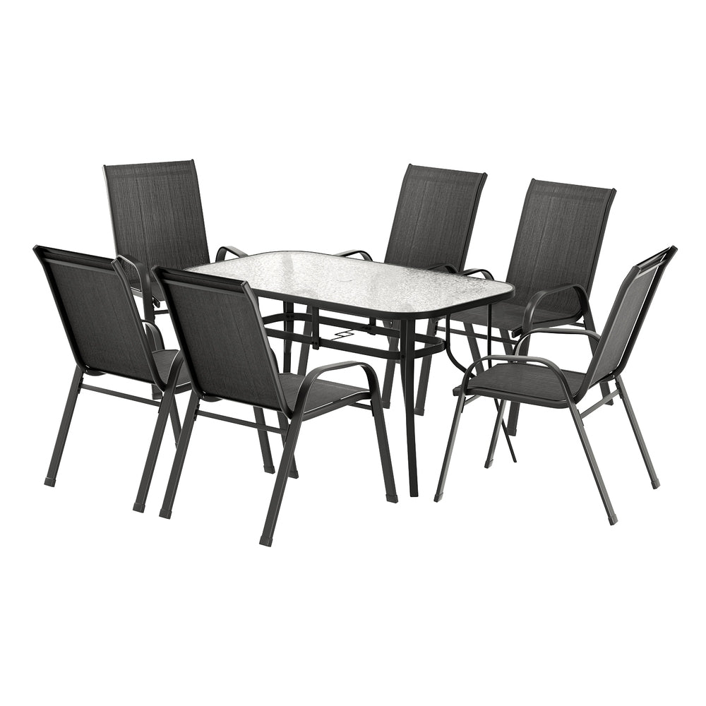 Gardeon 7-Piece Outdoor Dining Set — Glass Table &amp; Mesh Chairs, Black