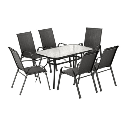 Gardeon 7-Piece Outdoor Dining Set — Glass Table &amp; Mesh Chairs, Black