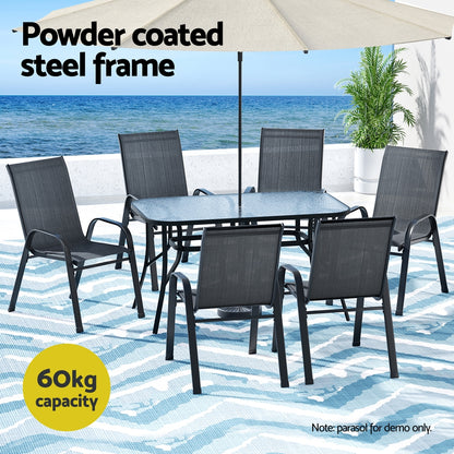 Gardeon 7-Piece Outdoor Dining Set — Glass Table &amp; Mesh Chairs, Black