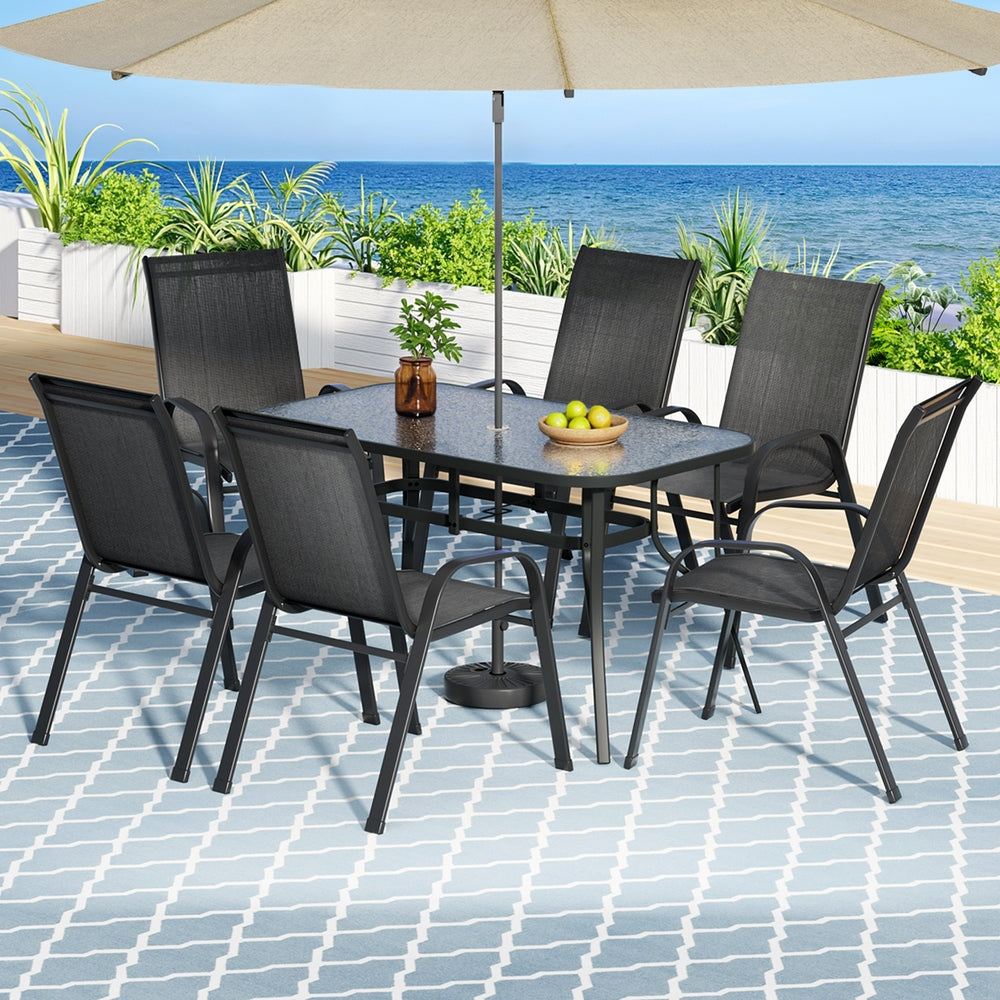 Gardeon 7-Piece Outdoor Dining Set — Glass Table &amp; Mesh Chairs, Black