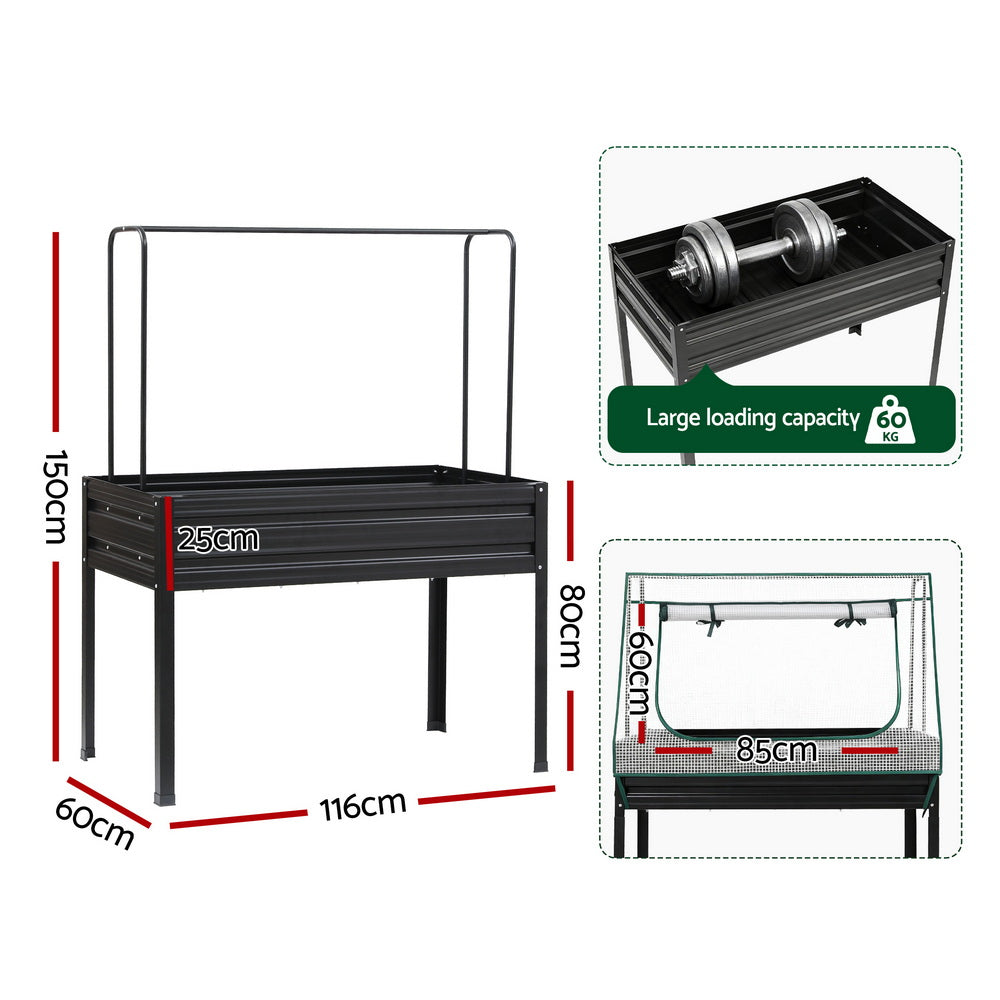 Green Fingers Metal Garden Bed w Mini Greenhouse Cover 1.16m x .6m x 250mm