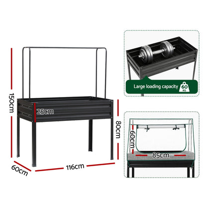 Green Fingers Metal Garden Bed w Mini Greenhouse Cover 1.16m x .6m x 250mm