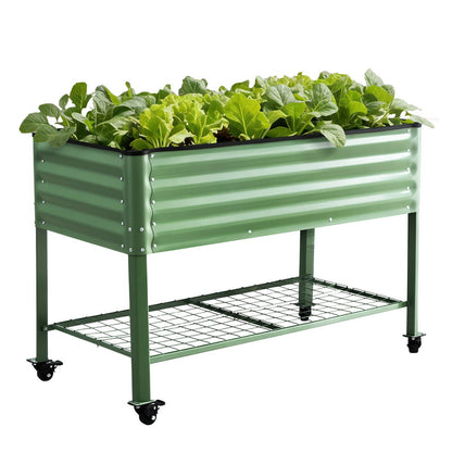 Green Fingers Elevated Raised Garden Bed Kit Mobile w/ Locking Wheels &amp; Storage Shelf 100KG Max Load 115x60x81cm | Galvanized Steel, Portable Green Organizer for Seniors, Patio, Balcony, Vegetables