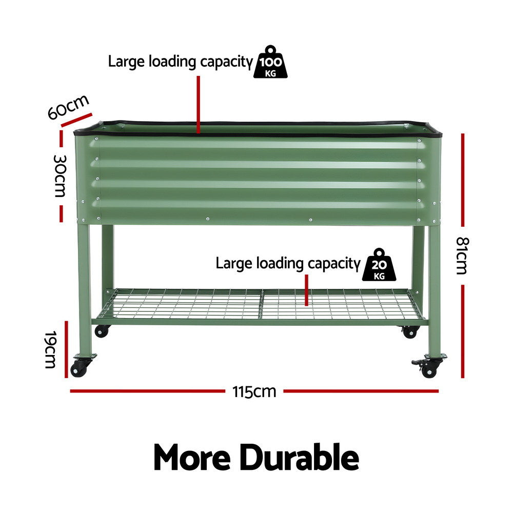 Green Fingers Elevated Raised Garden Bed Kit Mobile w/ Locking Wheels &amp; Storage Shelf 100KG Max Load 115x60x81cm | Galvanized Steel, Portable Green Organizer for Seniors, Patio, Balcony, Vegetables