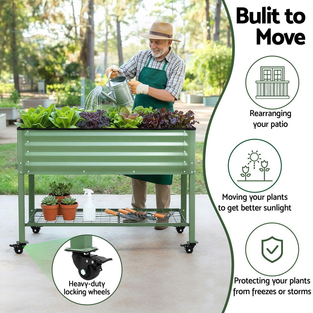 Green Fingers Elevated Raised Garden Bed Kit Mobile w/ Locking Wheels &amp; Storage Shelf 100KG Max Load 115x60x81cm | Galvanized Steel, Portable Green Organizer for Seniors, Patio, Balcony, Vegetables