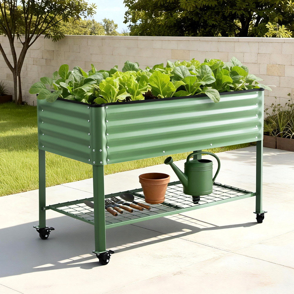 Green Fingers Elevated Raised Garden Bed Kit Mobile w/ Locking Wheels &amp; Storage Shelf 100KG Max Load 115x60x81cm | Galvanized Steel, Portable Green Organizer for Seniors, Patio, Balcony, Vegetables