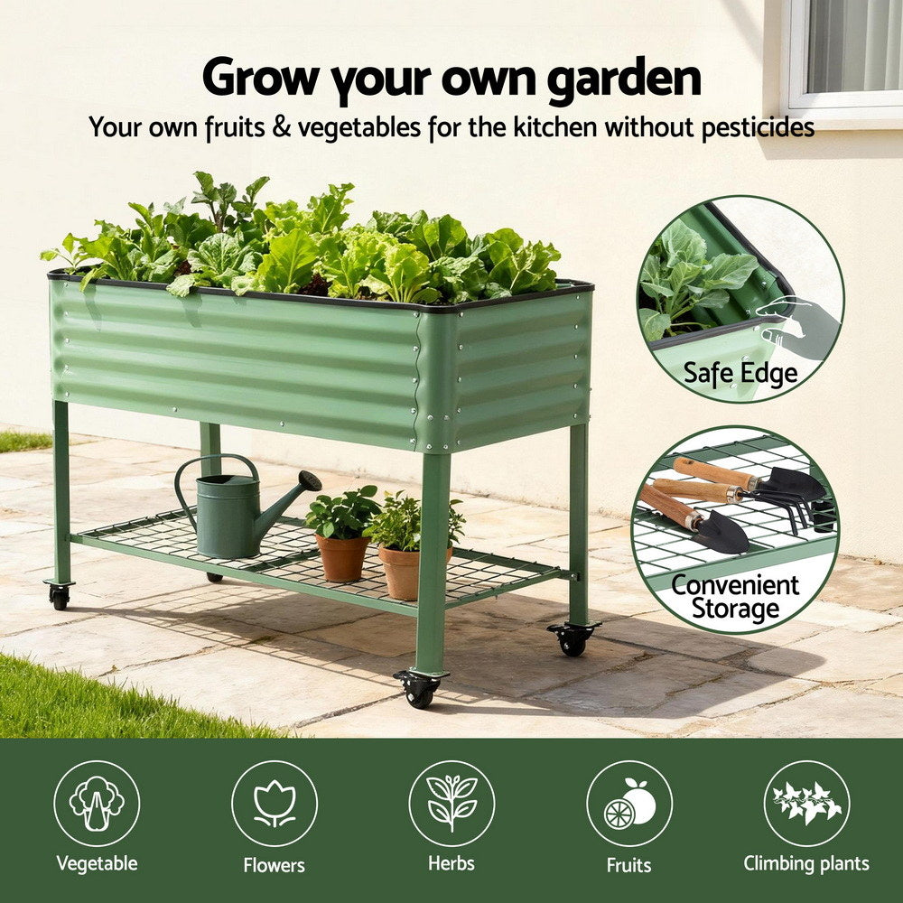 Green Fingers Elevated Raised Garden Bed Kit Mobile w/ Locking Wheels &amp; Storage Shelf 100KG Max Load 115x60x81cm | Galvanized Steel, Portable Green Organizer for Seniors, Patio, Balcony, Vegetables