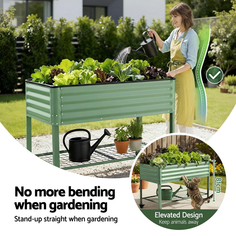 Green Fingers Elevated Raised Garden Bed Kit Mobile w/ Locking Wheels &amp; Storage Shelf 100KG Max Load 115x60x81cm | Galvanized Steel, Portable Green Organizer for Seniors, Patio, Balcony, Vegetables
