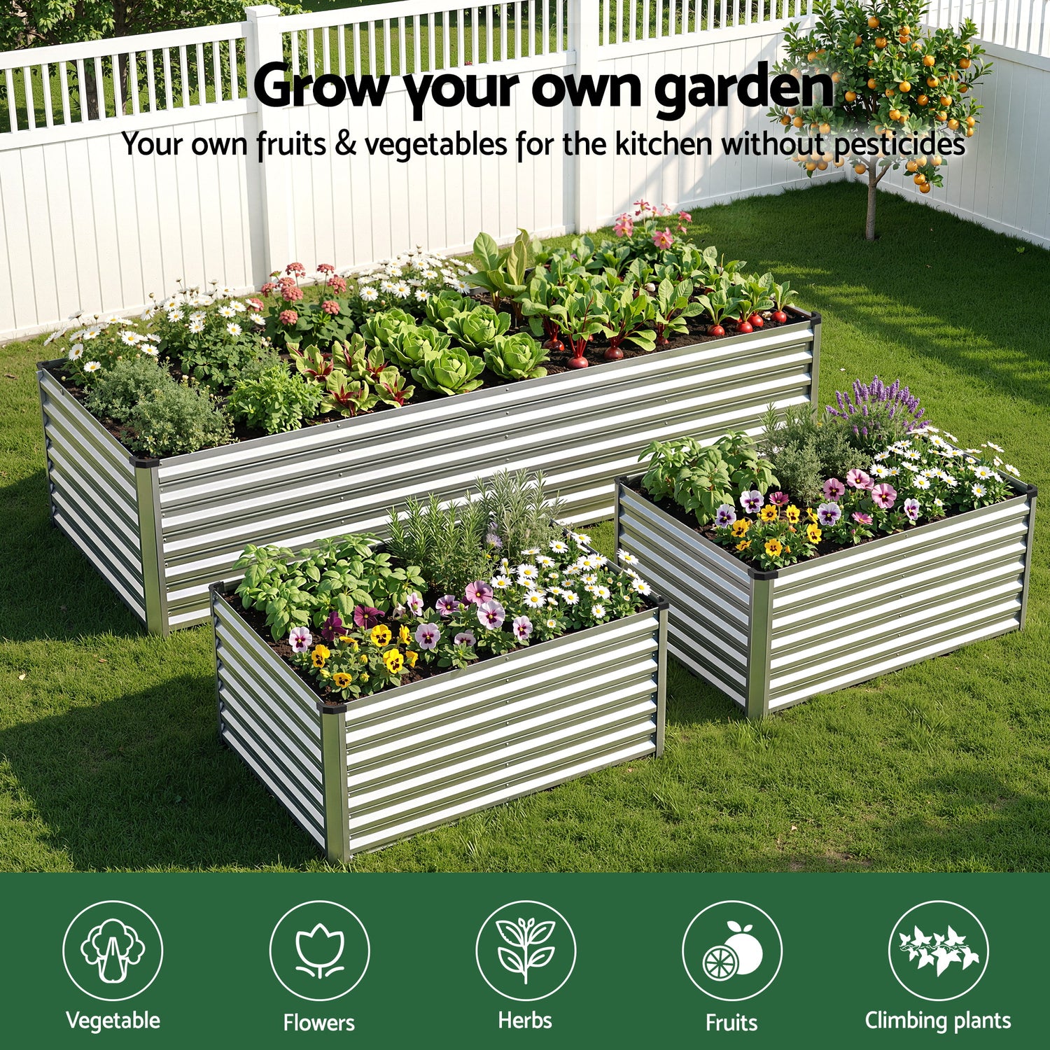 Greenfingers Raised Garden Bed 2.4m x .8m x  600mm  (2 in 1) - Silver