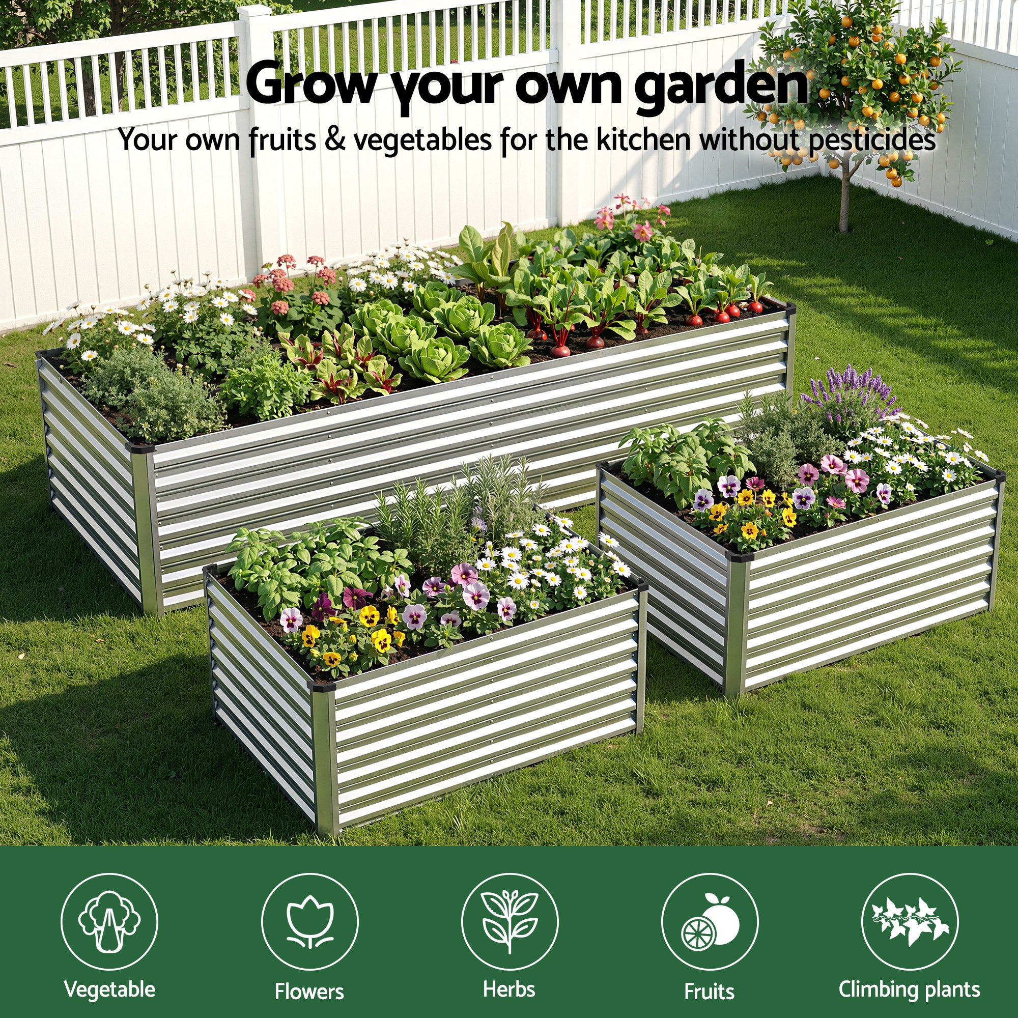 Greenfingers Raised Garden Bed 2.4m x .8m x  600mm  (2 in 1) - Silver