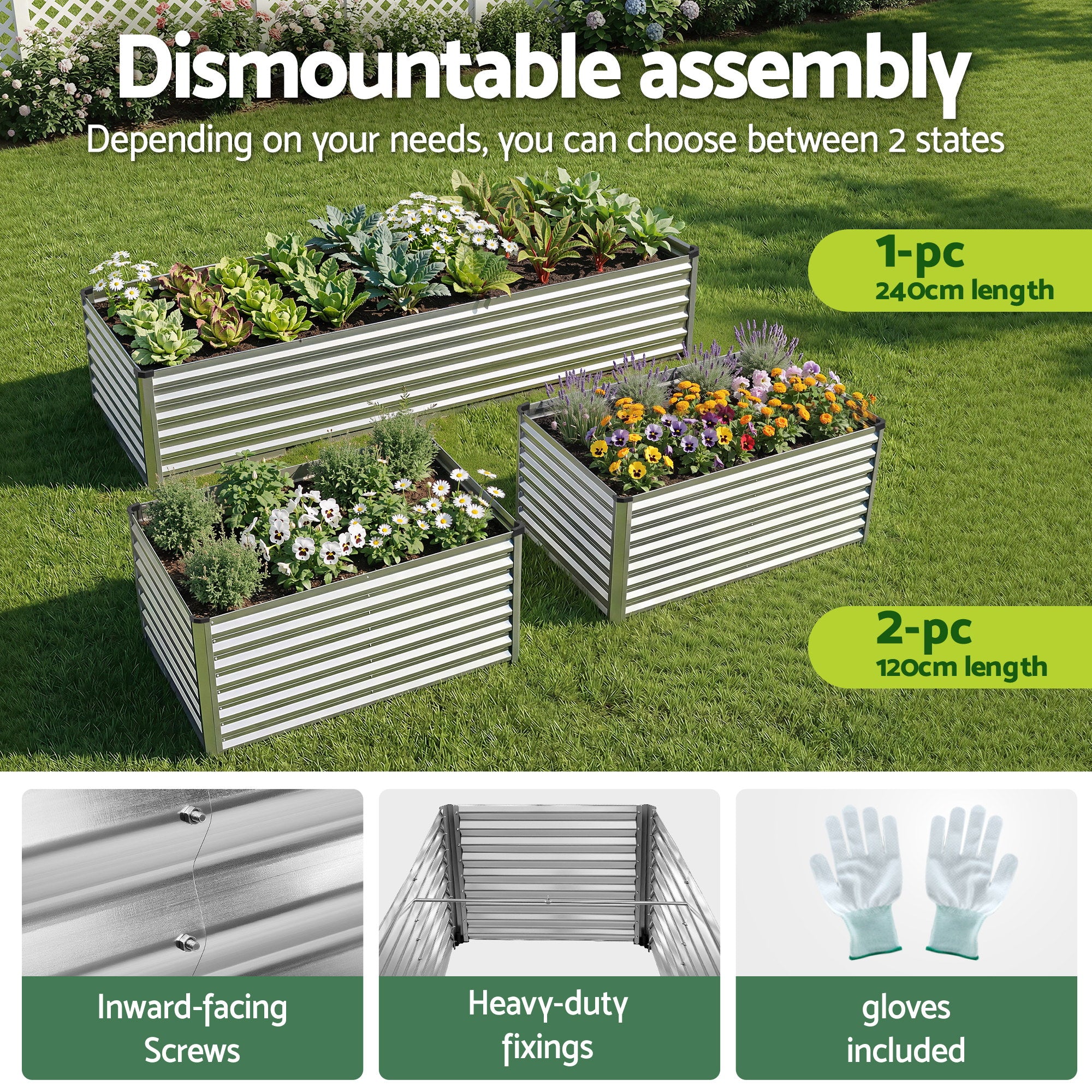 Greenfingers Raised Garden Bed 2.4m x .8m x  600mm  (2 in 1) - Silver