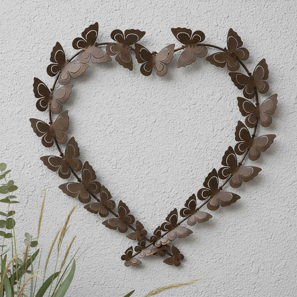 Decorative metal wall art in the shape of a heart with butterflies on a white background