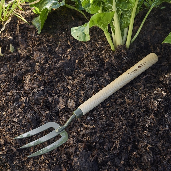 Gardening fork on soil with green plants Burgon &amp; Ball