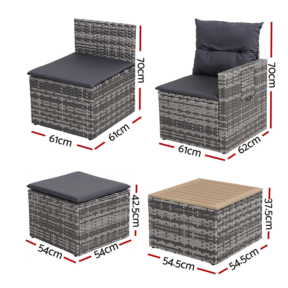 Gardeon 5-Piece Outdoor Sofa Set — 4-Seater PE Wicker Lounge with Ottoman, Grey