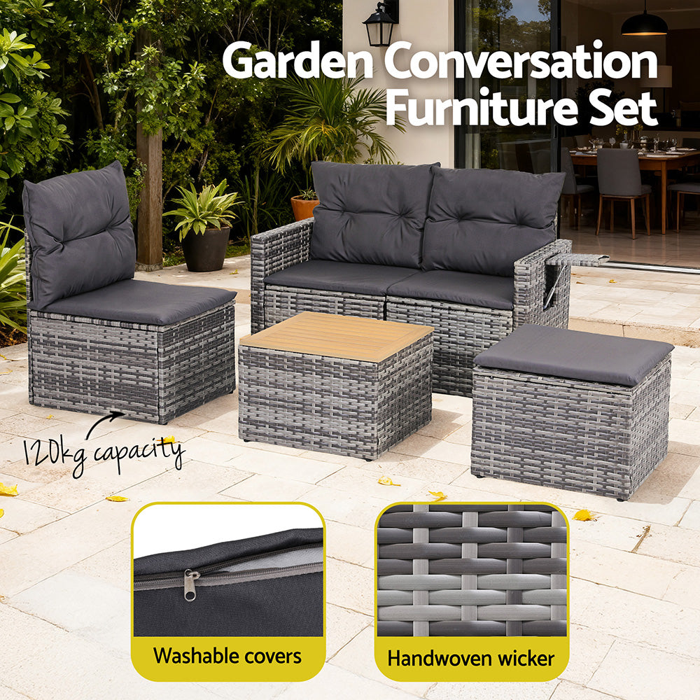 Gardeon 5-Piece Outdoor Sofa Set — 4-Seater PE Wicker Lounge with Ottoman, Grey