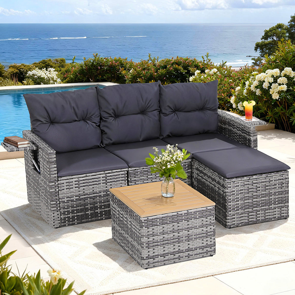 Gardeon 5-Piece Outdoor Sofa Set — 4-Seater PE Wicker Lounge with Ottoman, Grey