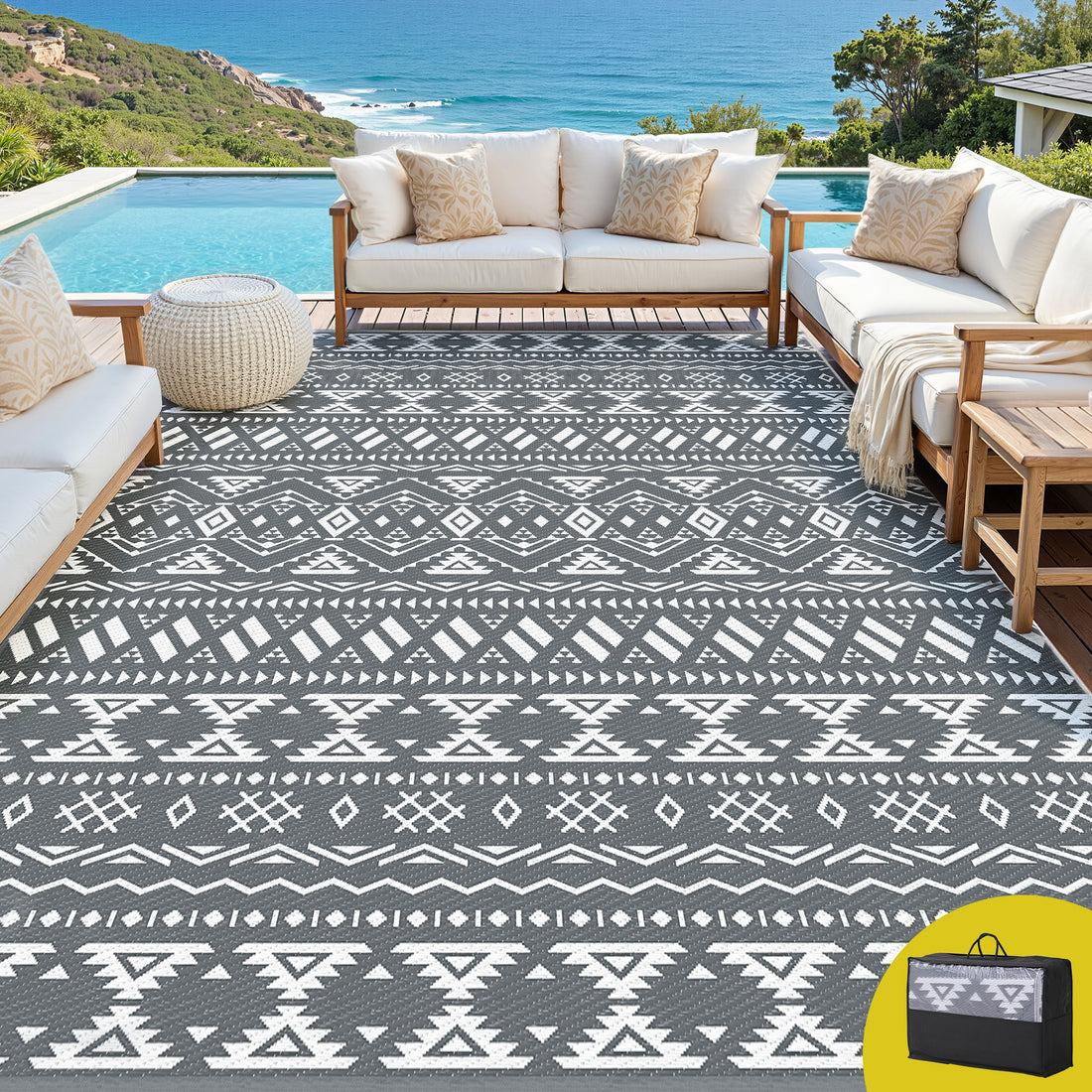 Gardeon Reversible Outdoor Rug 274x366cm — Grey