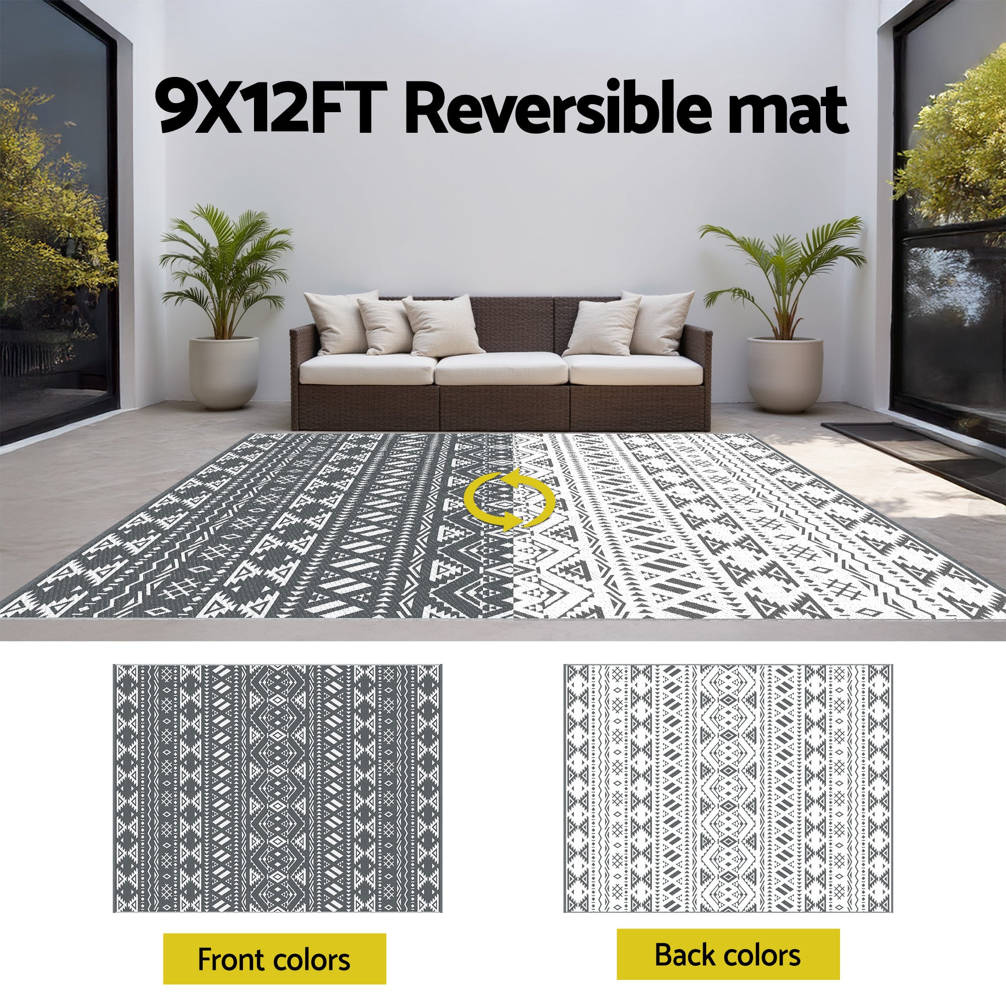 Gardeon Reversible Outdoor Rug 274x366cm — Grey