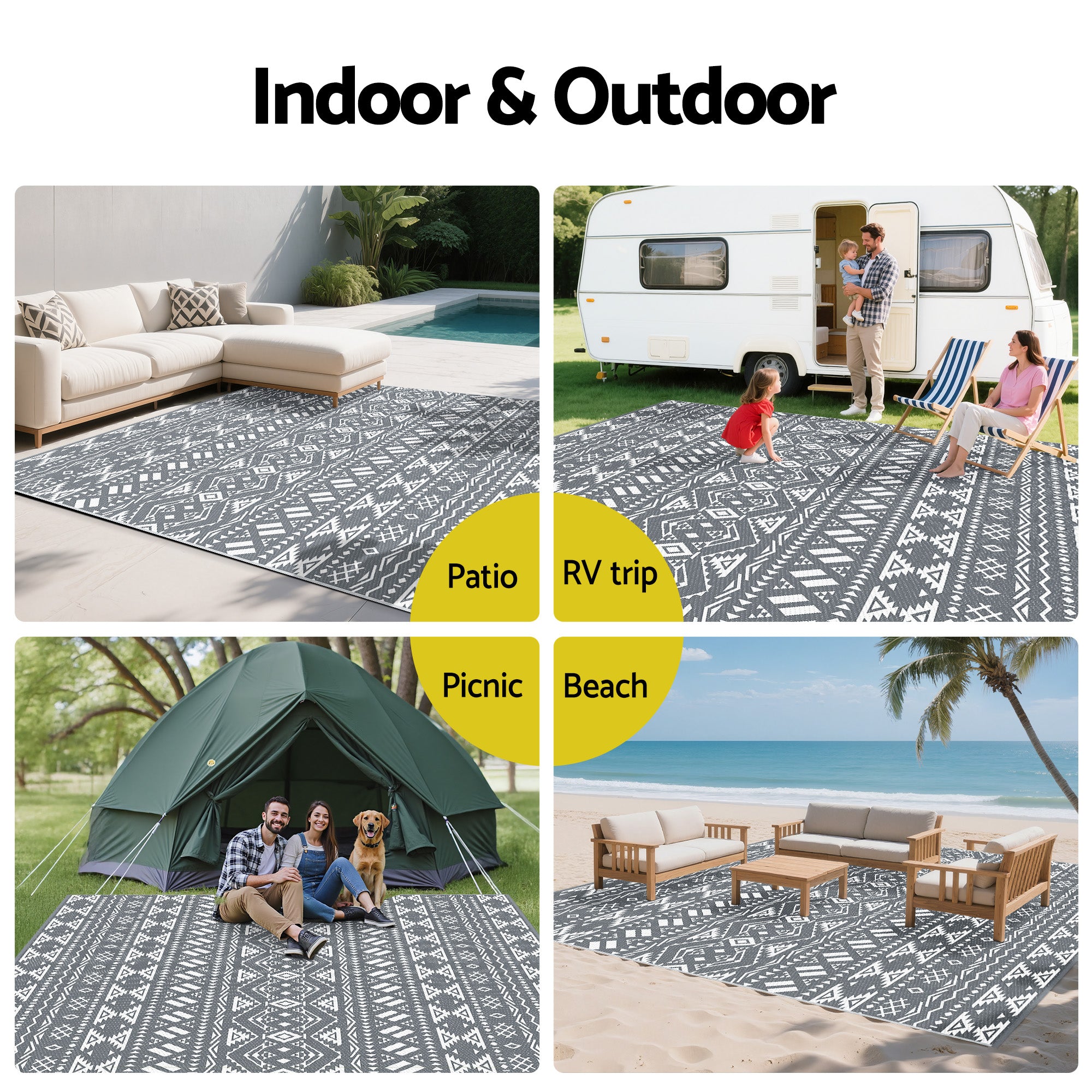 Gardeon Reversible Outdoor Rug 274x366cm — Grey