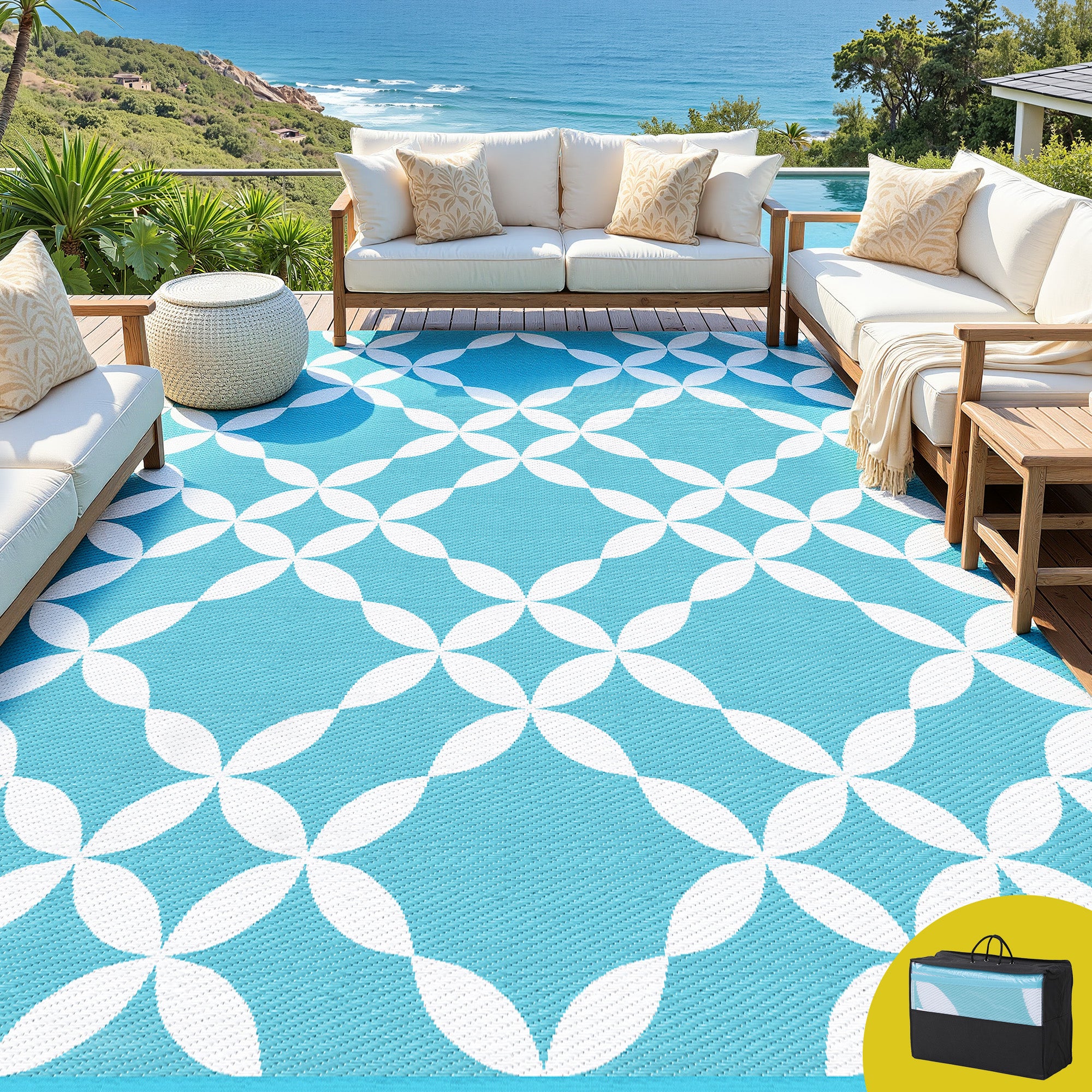 Gardeon Reversible Outdoor Rug 274x366cm — Light Blue