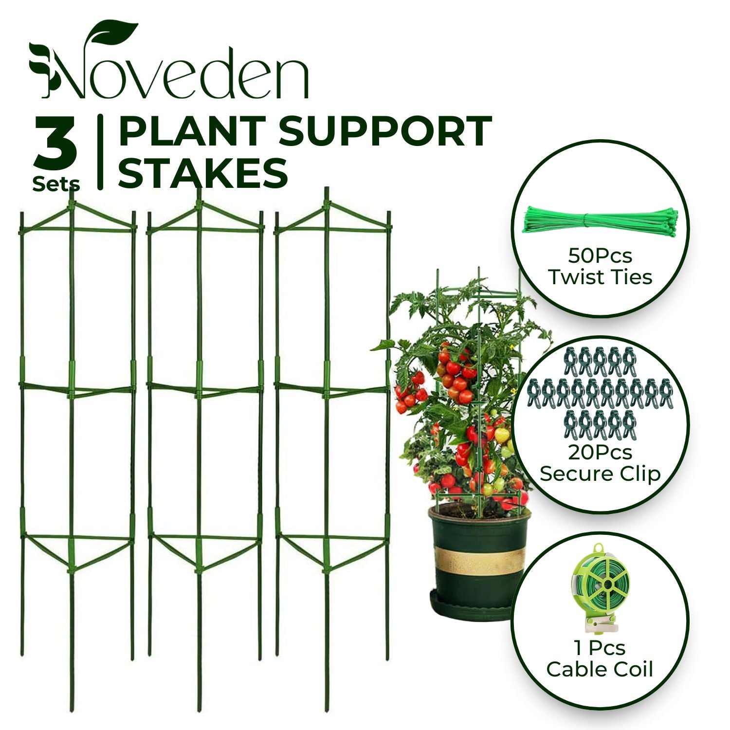 Noveden |Tomato Supports Cages - 3 Sets Green