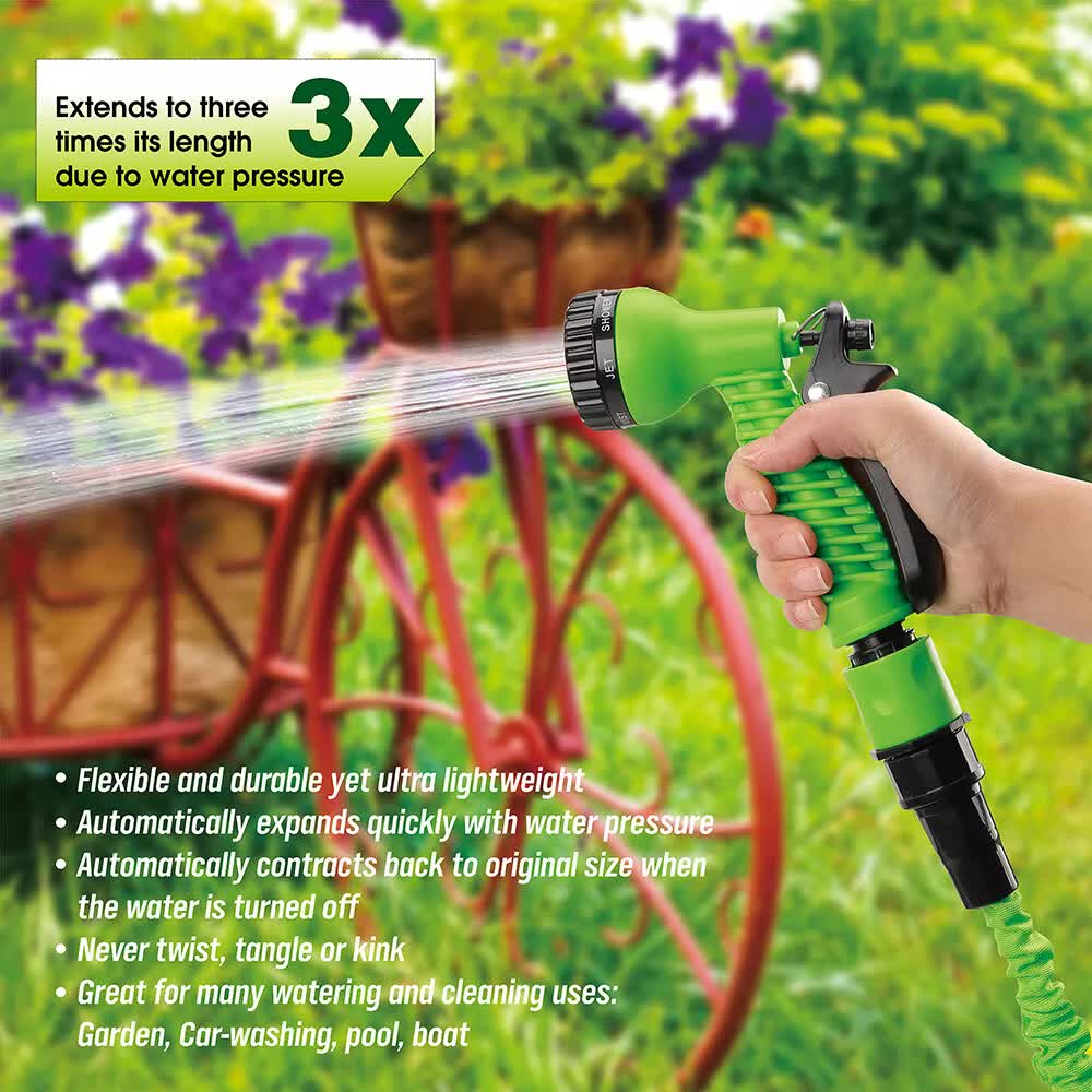 25FT Water Garden Hose Flexible Expandable Pipe Car Wash W/ Spray Nozzle Gun