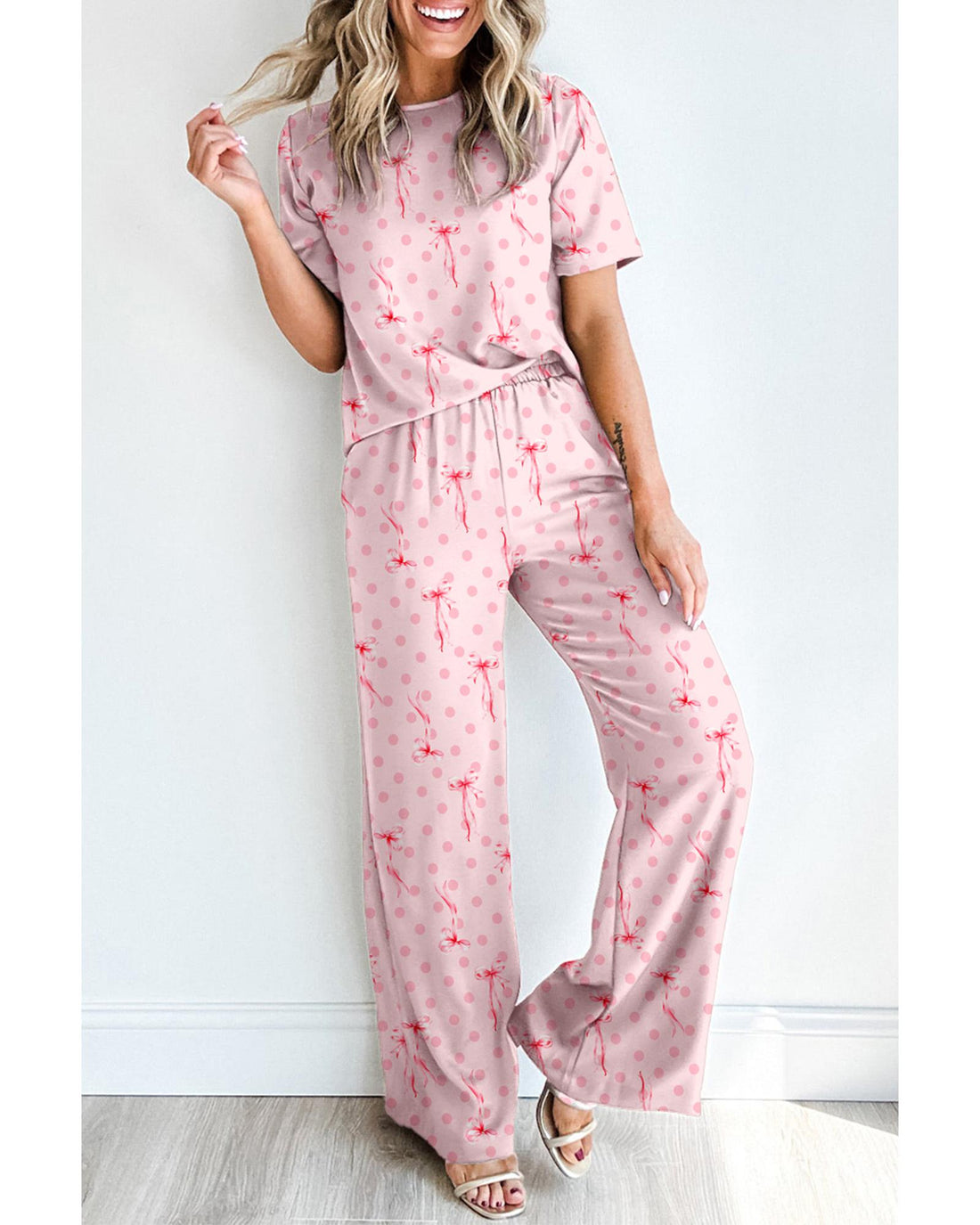 Pink Bow Knot Polka Dot Print Short Sleeve Top Lounge Set - XL