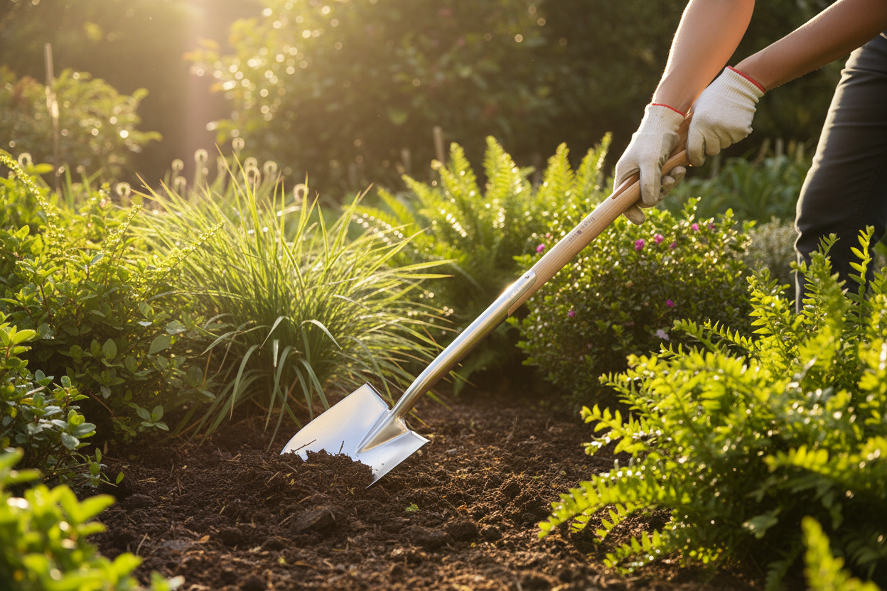 Burgon &amp; Ball Small Stainless Groundbreaker Spade lifestyle shot in Australian garden