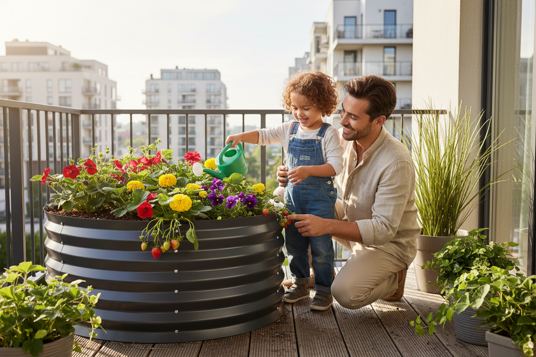 Family balcony gardening lifestyle shot