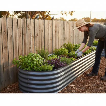 Gardener harvesting from 3.2m raised bed along fence