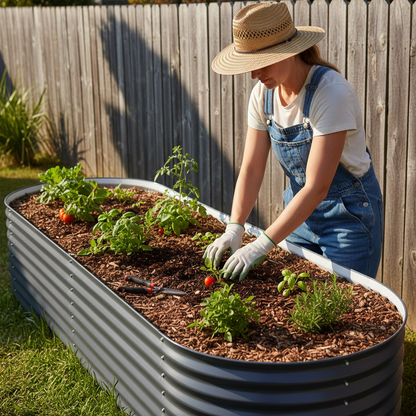 Gardener tending to 3.2m x 56cm raised bed with mulch and plants