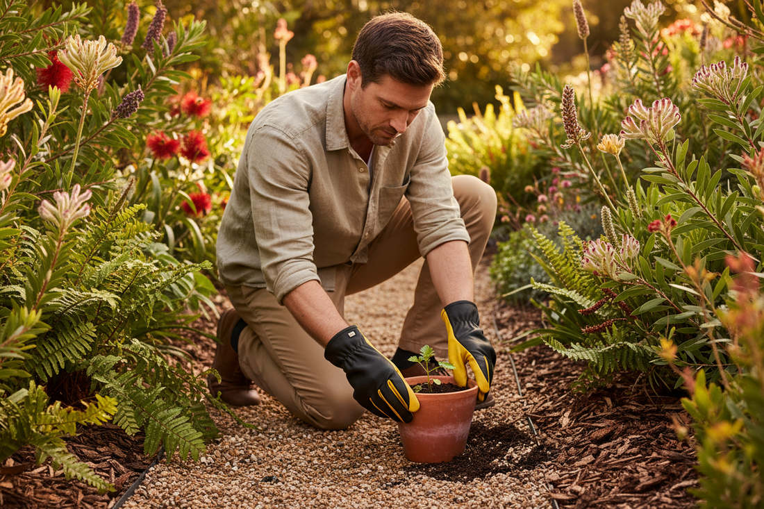 Gold Leaf DRY TOUCH Gents gardening gloves in use in Australian garden