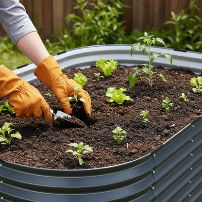 Hands planting in 45cm garden bed