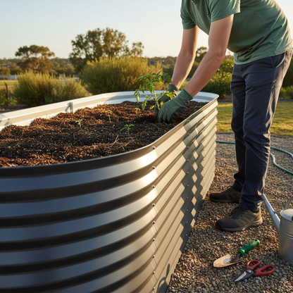 Hands planting in 56cm tall raised bed