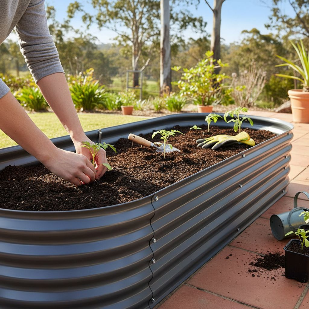 Hands planting in Greenfingers raised bed