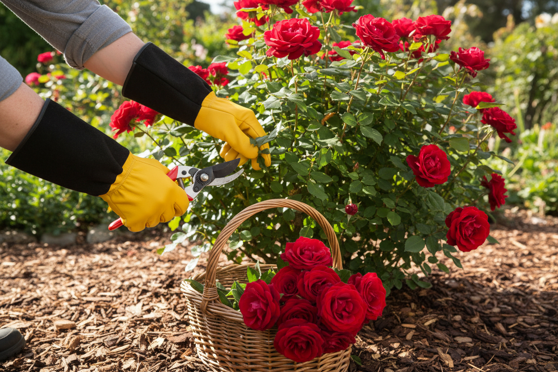 Gold Leaf TOUGH TOUCH Gents gauntlet gardening gloves being worn while pruning thorny rose bushes in a lush Australian garden