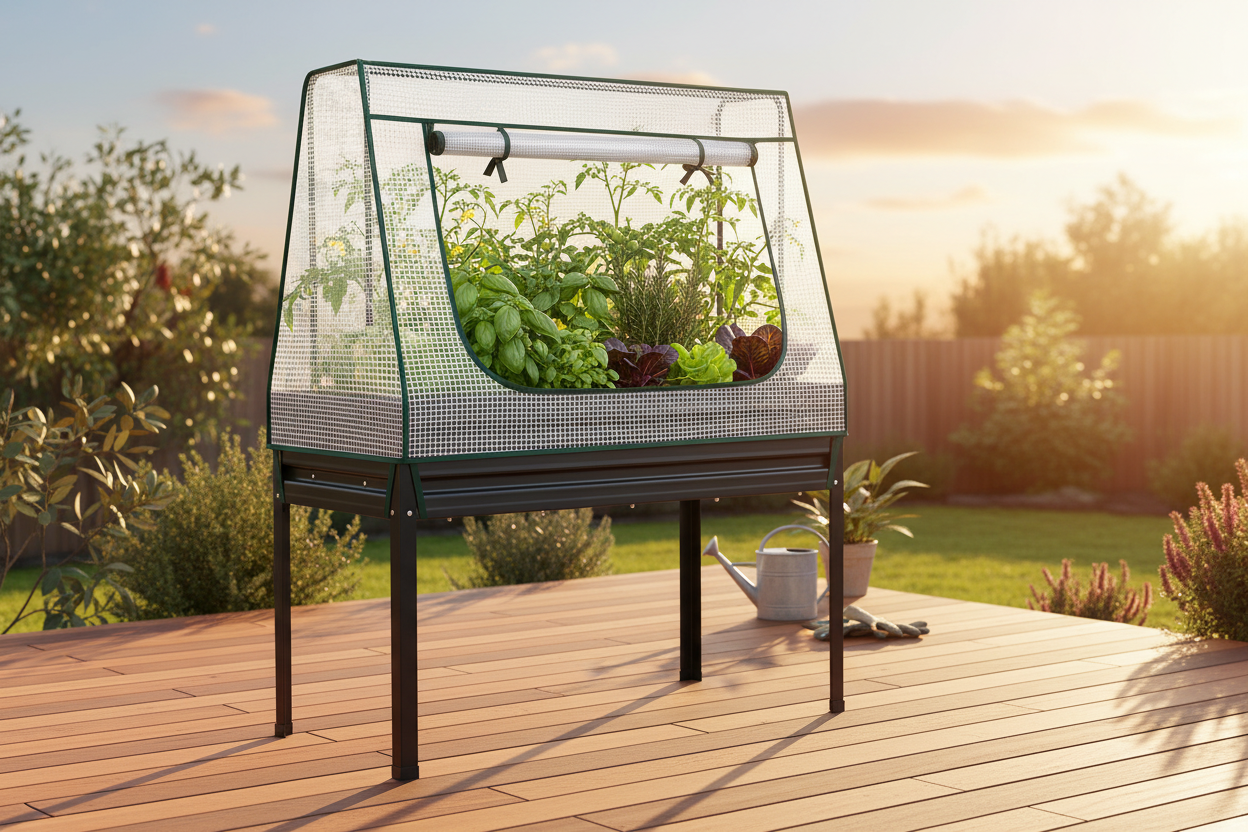 Greenfingers elevated raised garden bed with PE mesh greenhouse cover in Australian backyard with tomatoes and herbs growing