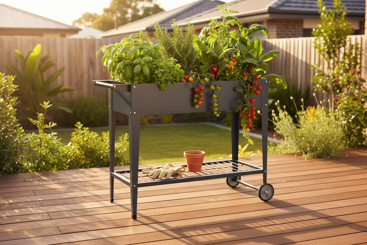 Greenfingers mobile raised garden bed styled in an Australian backyard with herbs and vegetables growing, timber decking and garden greenery in background