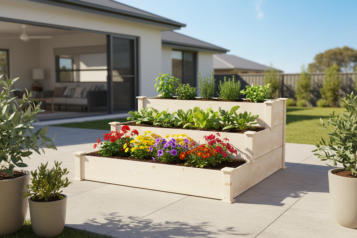 Greenfingers 3-tier wooden raised garden bed 120x120x54cm with herbs, vegetables and flowers growing on sunny Australian patio