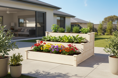 Greenfingers 3-tier wooden raised garden bed 120x120x54cm with herbs, vegetables and flowers growing on sunny Australian patio