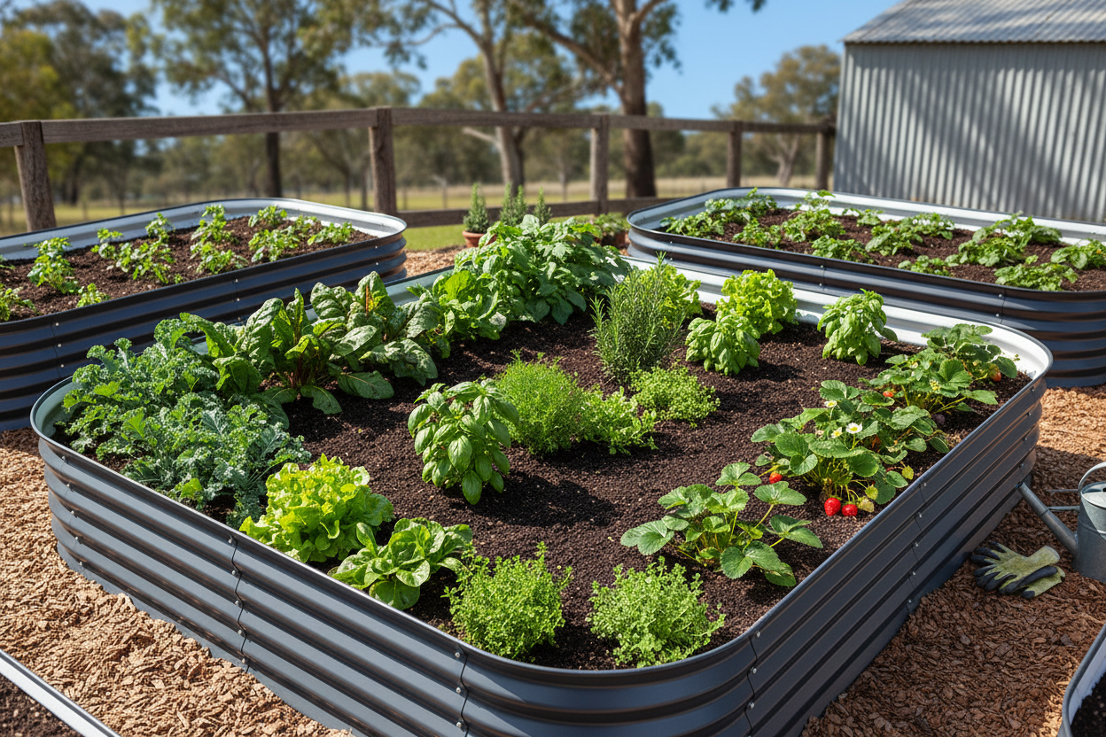 Overhead view of Greenfingers modular planter box showing organized rows of vegetables, greens and strawberries