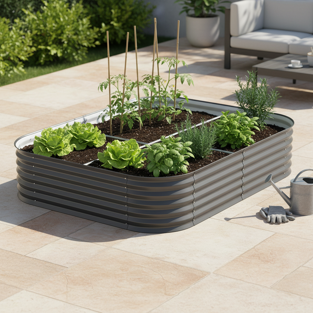 Greenfingers modular raised garden bed filled with fresh vegetables, lettuce, tomatoes and herbs on sunny patio