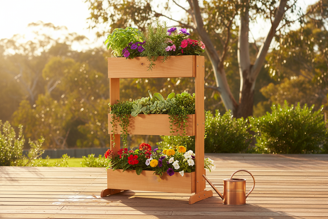 Greenfingers 3-tier wooden plant stand styled on an Australian patio with herbs, succulents and flowering plants on each tier, warm afternoon sunlight