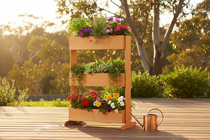 Greenfingers 3-tier wooden plant stand styled on an Australian patio with herbs, succulents and flowering plants on each tier, warm afternoon sunlight