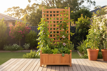 Greenfingers wooden raised garden bed with trellis styled in an Australian backyard, climbing beans and passionfruit vines on trellis, herbs and leafy greens in the bed below