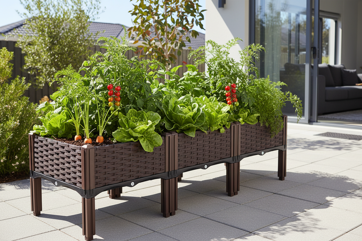 Greenfingers brown PP raised garden bed filled with vegetables and herbs in a sunny Australian backyard