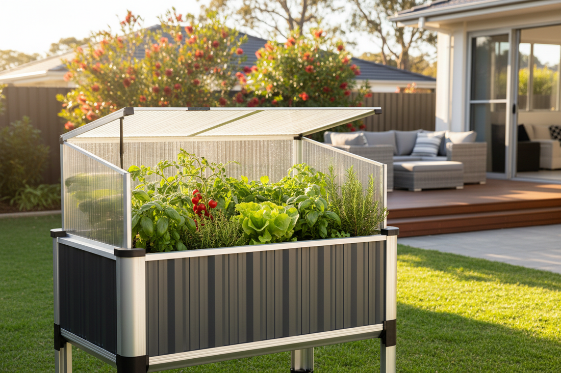 Greenfingers raised garden bed with polycarbonate roof filled with herbs and vegetables in a sunny Australian backyard