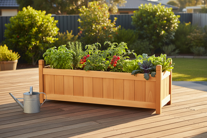 Greenfingers wooden raised garden bed styled in an Australian backyard with herbs and vegetables growing, watering can alongside, warm afternoon sunlight