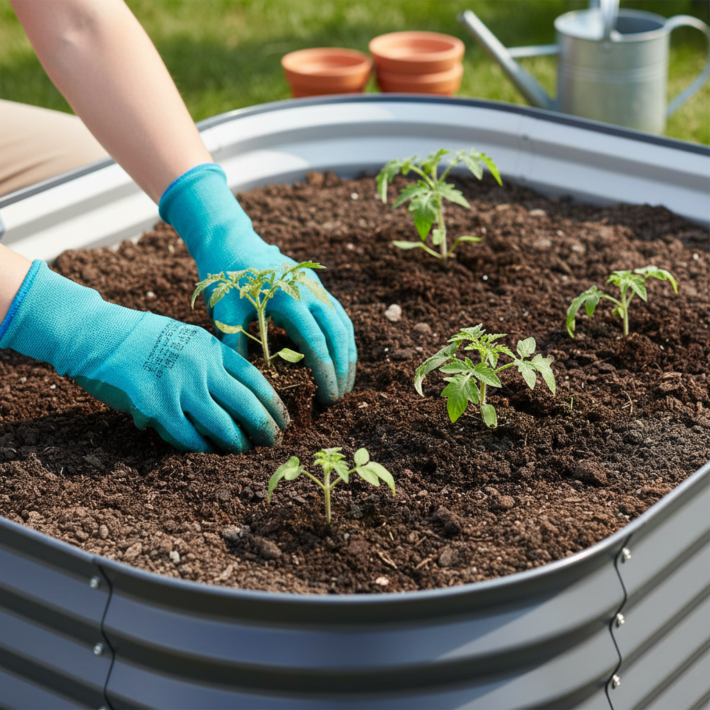 Hands planting seedlings in Greenfingers raised garden bed showing 40cm depth and gardening use