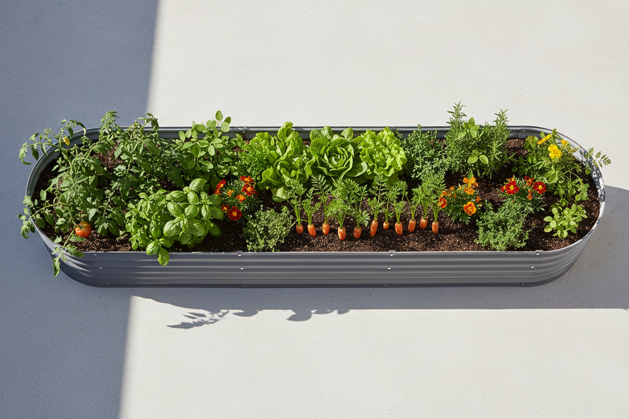 Overhead view of 3.2m garden bed with companion planting